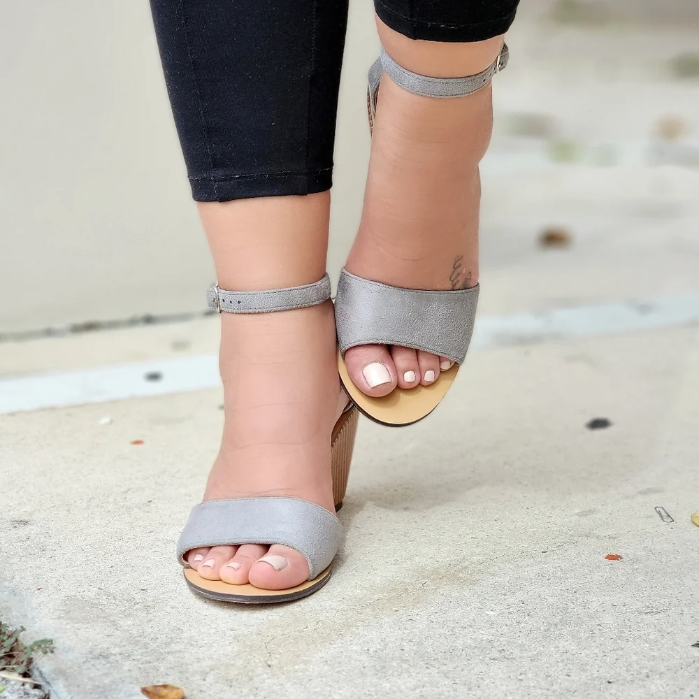Grey Suede Wedge Sandals Women’s Buckle Closure Shoes